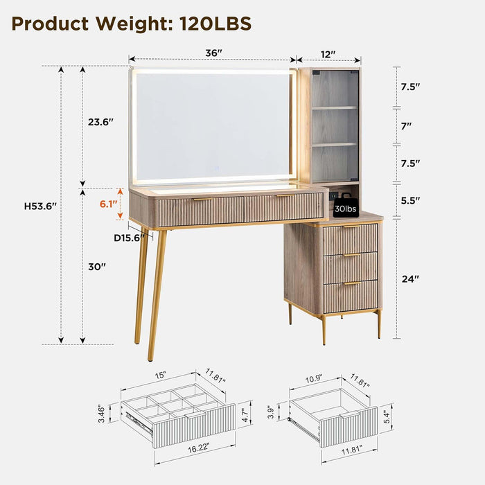 Fluted Makeup Vanity Desk with 36" HD Lighted Mirror, 48" Big Modern Vanity Desk with Mirror and Lights, Dressing Table with 5 Drawers & Shelves, Glass Top for Bedroom (Alder Grey)
