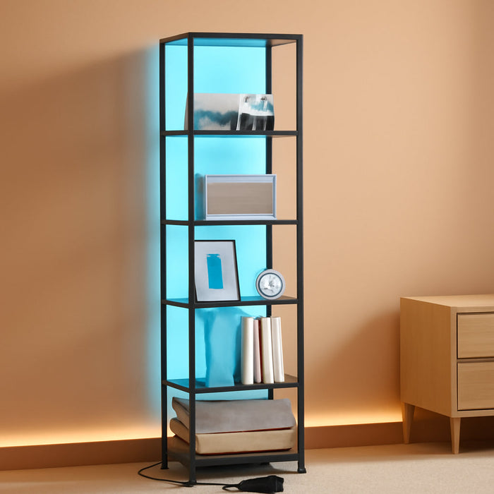 6-Tier Bookshelf, Tall Narrow Bookcase with LED Lights, Book Shelf with Steel Frame, Display Storage Shelf for Living Room, Bedroom, Home Office, Study, Balcony, Black