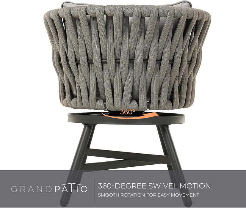 Dining Chair Set of 3, Swivel Rope Armchairs with Cushions and round Side Table with Tile Tabletop, Wicker, Indoor Outdoor Modern Style, Backyard, Balcony, Gray