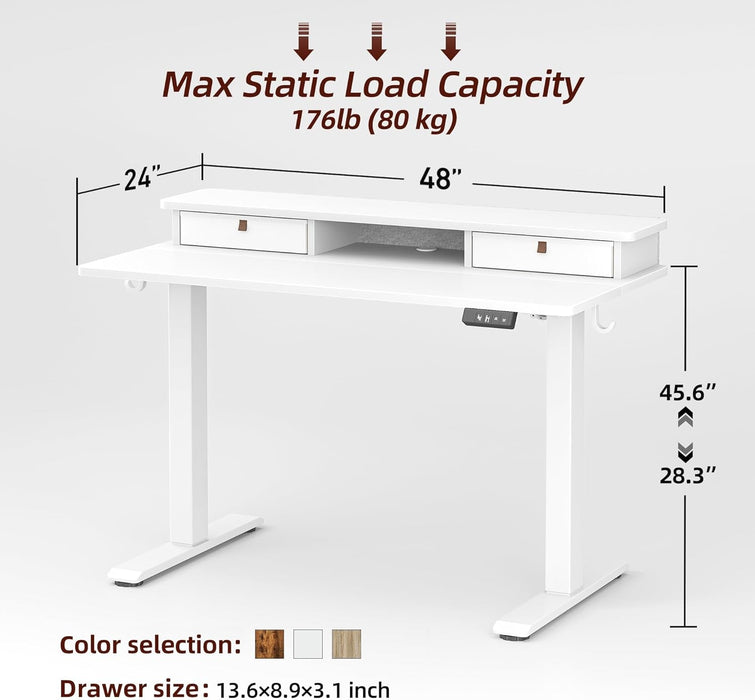 48 * 24 Inch Standing Desk with Two Drawers, Stand up Standing Desk Adjustable Height, Electric Sit Stand Table with Storage Shelf and Splice Board, White - ShipItFurniture
