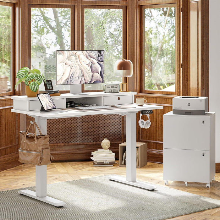 48 * 24 Inch Standing Desk with Two Drawers, Stand up Standing Desk Adjustable Height, Electric Sit Stand Table with Storage Shelf and Splice Board, White - ShipItFurniture