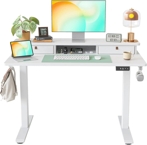 48 * 24 Inch Standing Desk with Two Drawers, Stand up Standing Desk Adjustable Height, Electric Sit Stand Table with Storage Shelf and Splice Board, White - ShipItFurniture