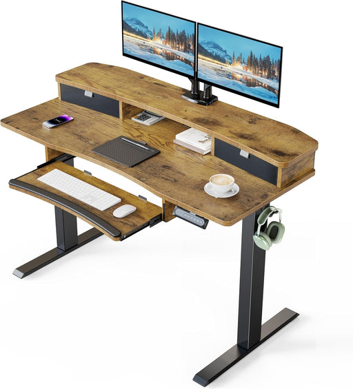 48" X 26" Electric Standing Desk with 2 Drawers & 26.7" Large Keyboard Tray, C - Clamp Mount Compatible, Adjustable Computer Desk for Home Office, Stand up Desk with 4 Height Presets, Vintage - ShipItFurniture
