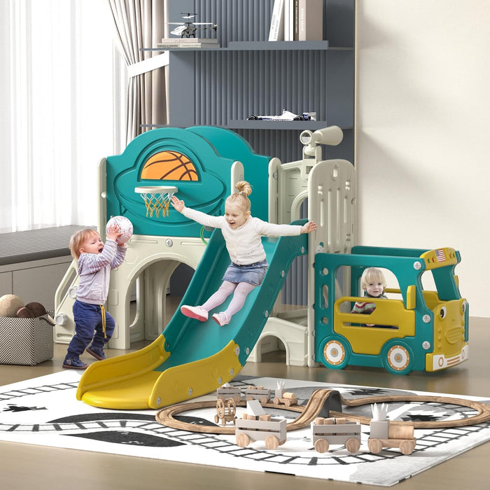 9-In-1 Toddler Slide, Bus-Themed Baby Slide and Climber Playset with Basketball Hoop, Ring-Toss, Car Playhouse, Kids Indoor and Outdoor Playground