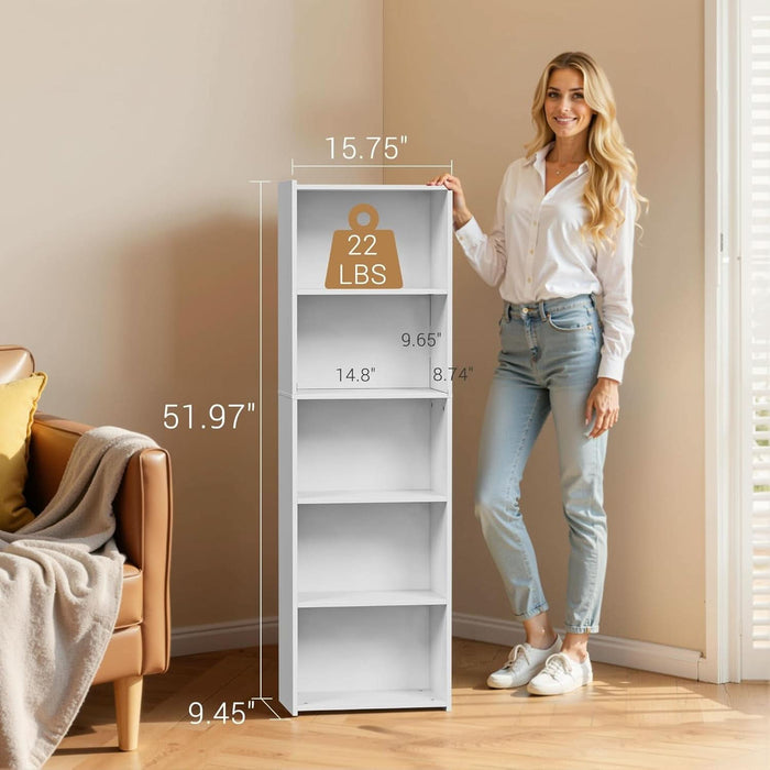 5-Tier Shelf Bookcase, Freestanding Wood Storage Display Open Bookshelf for Home Office, White