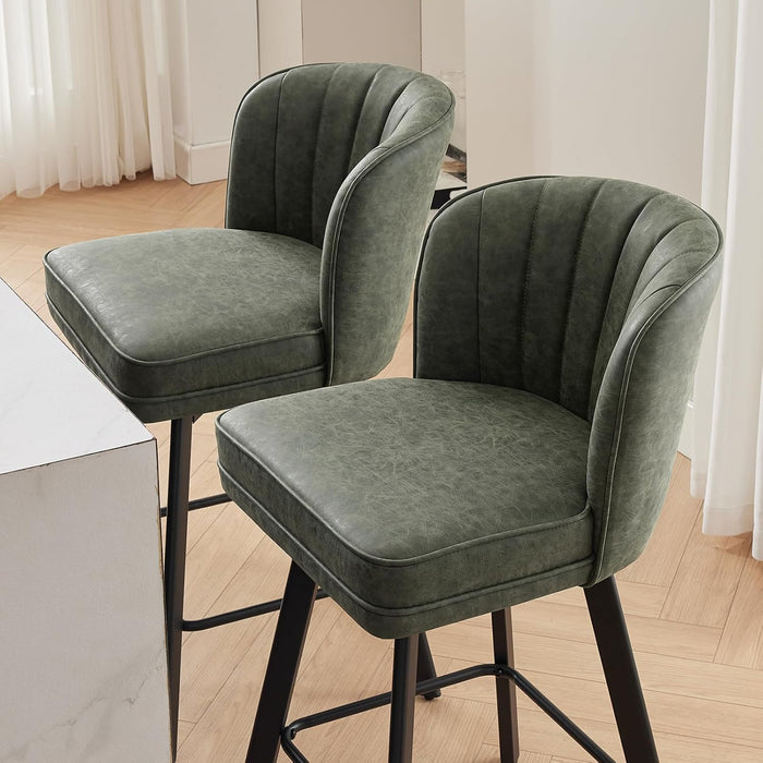 Swivel Counter Height Bar Stools Set of 2, 26'' Modern Barstools with Backs and Metal Legs, Upholstered Bar Chairs, Faux Leather Green Stools for Kitchen Island Chairs