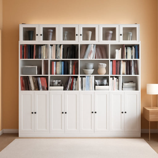85.5 Inch Tall Bookshelf with Doors - 7 Tier Bookcase with Glass Doors and Drawer, 23.6" Wide Storage Cabinet with Open Shelves for Living Room, White Book Shelf for Home Office, Study (AAAA)