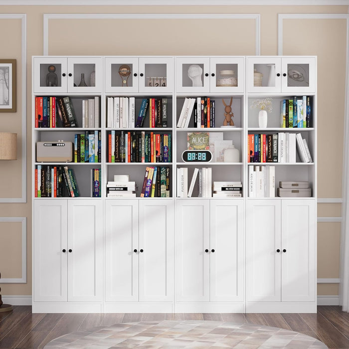 85.5 Inch Tall Bookshelf with Doors - 7 Tier Bookcase with Glass Doors and Drawer, 23.6" Wide Storage Cabinet with Open Shelves for Living Room, White Book Shelf for Home Office, Study (AAAA)