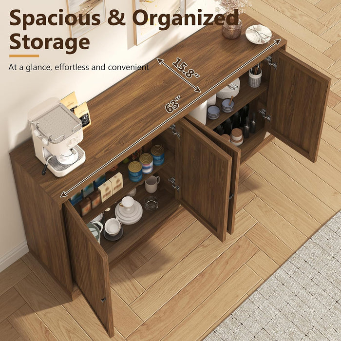 63” Fluted Sideboard Storage Cabinet, Mid Century Modern Wooden Credenza with 4 Doors & Adjustable Shelves, Beveled Edge Buffet Cabinet with Storage, Kitchen, Living Room (Walnut)