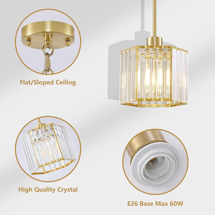 2 Pack Gold Pendant Lights Kitchen Island, Modern Crystal Pendant Light Fixtures, 1-Light Small Farmhouse Chandelier, Adjustable Brass Hanging Light Fixture for Dining Room, Hallway, Bedroom
