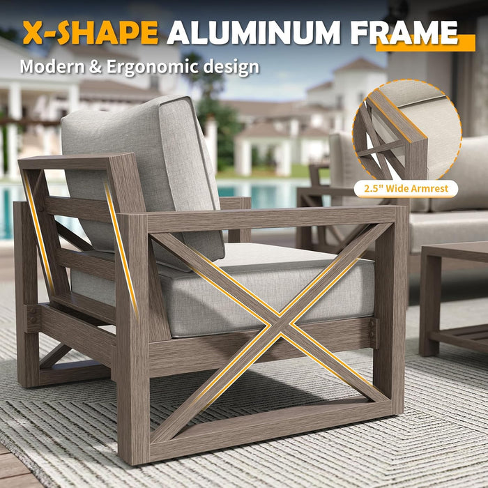 Aluminum Patio Furniture Set, 8 Pieces Modern Metal Outdoor Furniture, Faux Wood Grain Finish Frame Patio Sofa Sets with 6" Cushion for Backyard, Beige (Included Waterproof Covers)