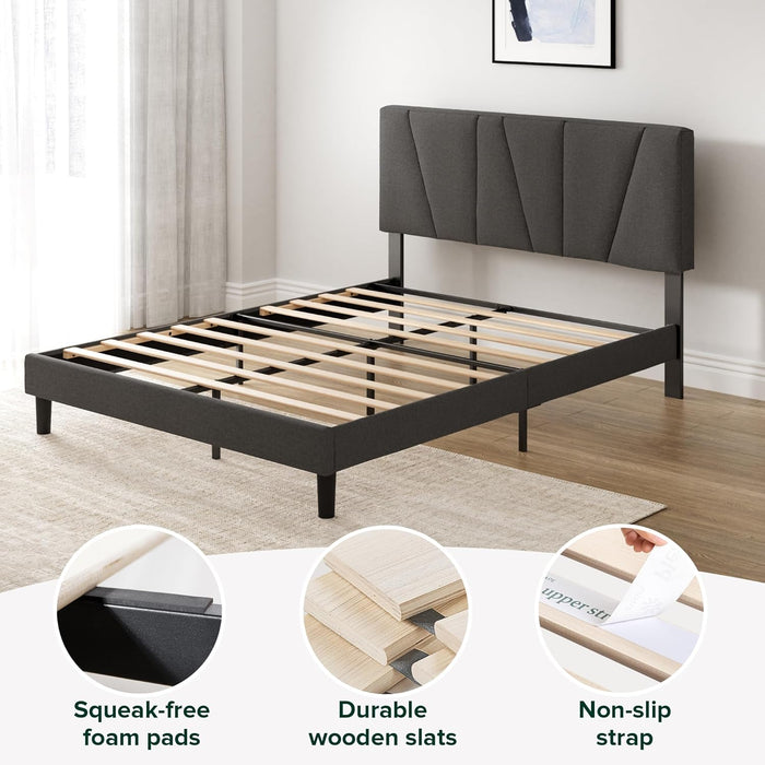 Queen Maya Upholstered Bed Frame with Asymmetric Headboard, Durable Wooden Slats, Sturdy Framework, Noise Free Sleep, No Box Spring Needed, Easy Assembly, Eco Friendly Packaging, Dark Grey
