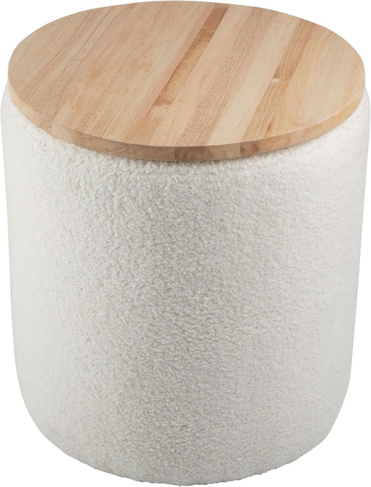Storage Ottoman - Teddy Fabric Upholstered Ottoman with Wood Top for Living Room, Dorm, or Apartment - Ottomans with Storage (Cream)