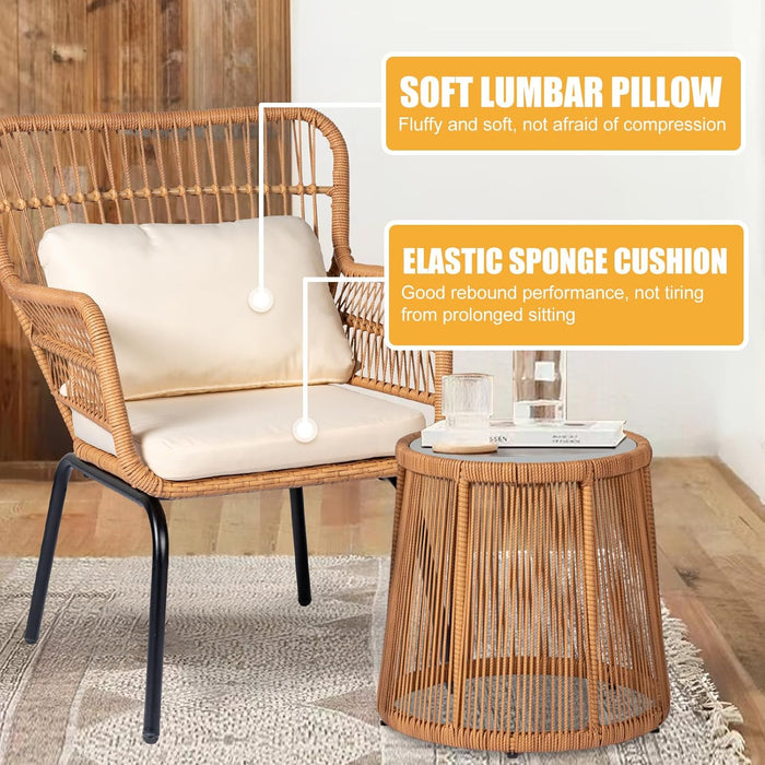 3 Pieces Outdoor Wicker Bistro Patio Furniture Set, Porch Furniture Rattan Conversation Sets with Side Table and Cushions for Garden Poolside Backyard, Yellow/Beige