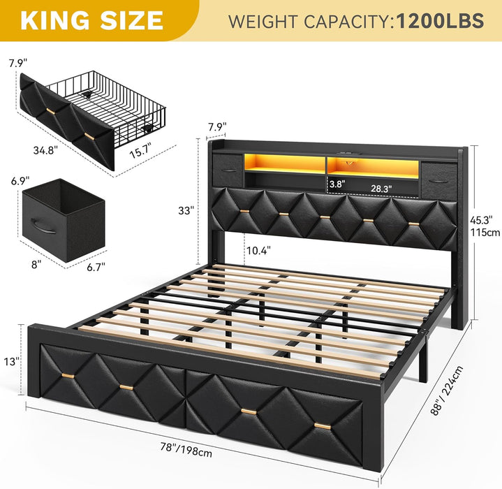 King Size Bed Frame with 2 Storage Drawers and Storage Headboard, Upholstered Platform with Charging Station and LED Light, No Box Spring Needed, Noise Free, Easy Assembly, PU Leather Black