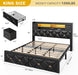 King Size Bed Frame with 2 Storage Drawers and Storage Headboard, Upholstered Platform with Charging Station and LED Light, No Box Spring Needed, Noise Free, Easy Assembly, PU Leather Black