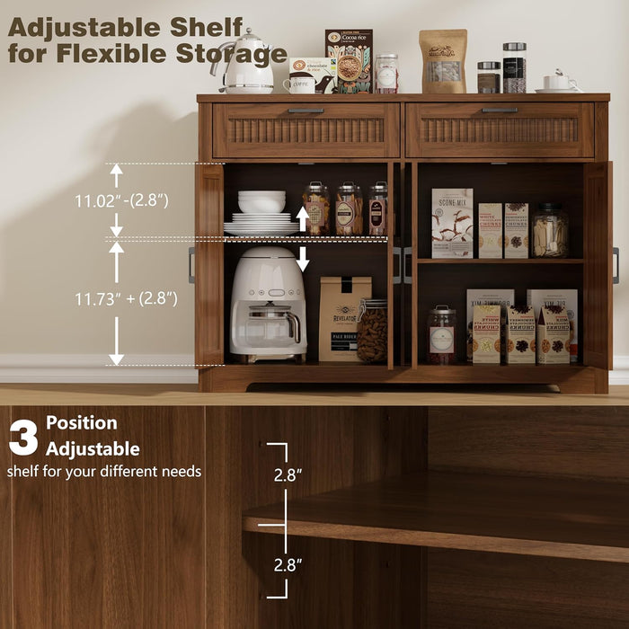 Buffet Cabinet with 2 Storage Drawers, Farmhouse Coffee Bar Table with Storage and Adjustable Shelf, 47.2" Wide Fluted Sideboard Cabinet for Kitchen, Dining Room, Living Room, Entryway, Modern Walnut