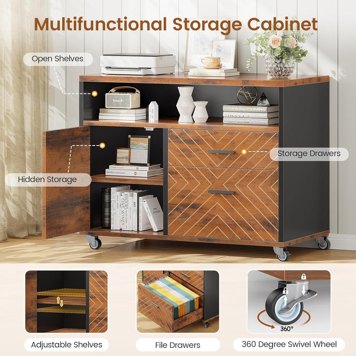 71" Executive Desk with Rolling File Cabinet, Large Office Desk with Drawers, L Shaped Computer Desk with Power Outlets, CPU Stand, Pegboard and Storage Shelves, Rustic Brown