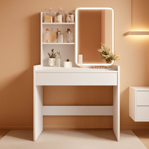 White Vanity Desk Mirror Featuring Integrated Lighting