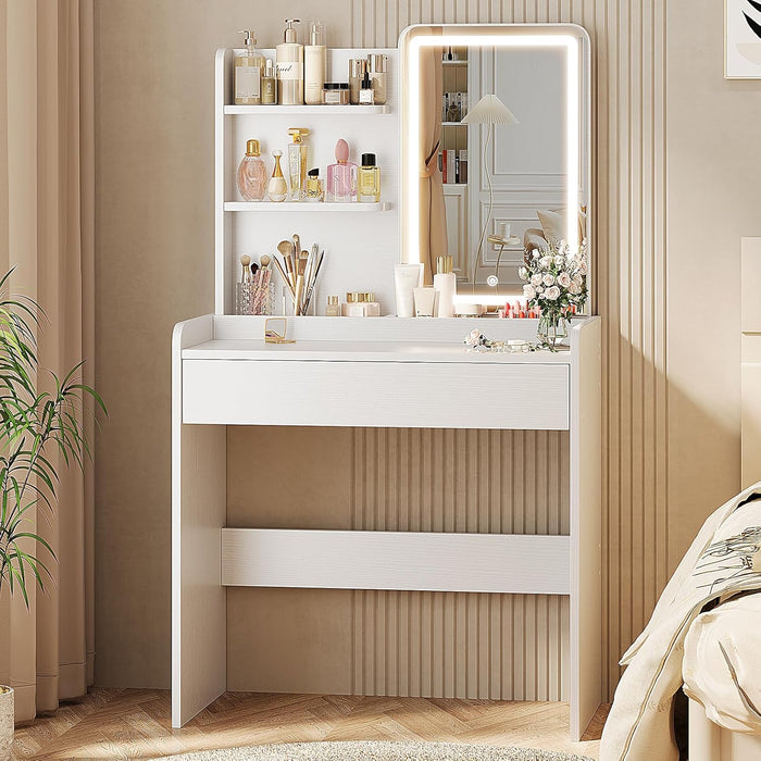 White Vanity Desk Mirror Featuring Integrated Lighting