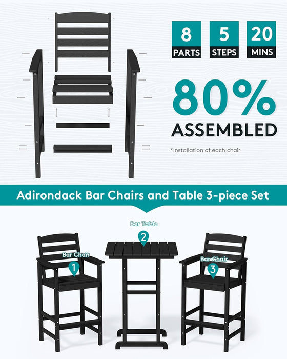 Balcony Adirondack Chairs and Table 3 Pieces Set, Adirondack Bar Height Chairs Set of 2 and Bar Table, Outdoor Bar Stools Set for Bistro, Poolside, Backyard, Black