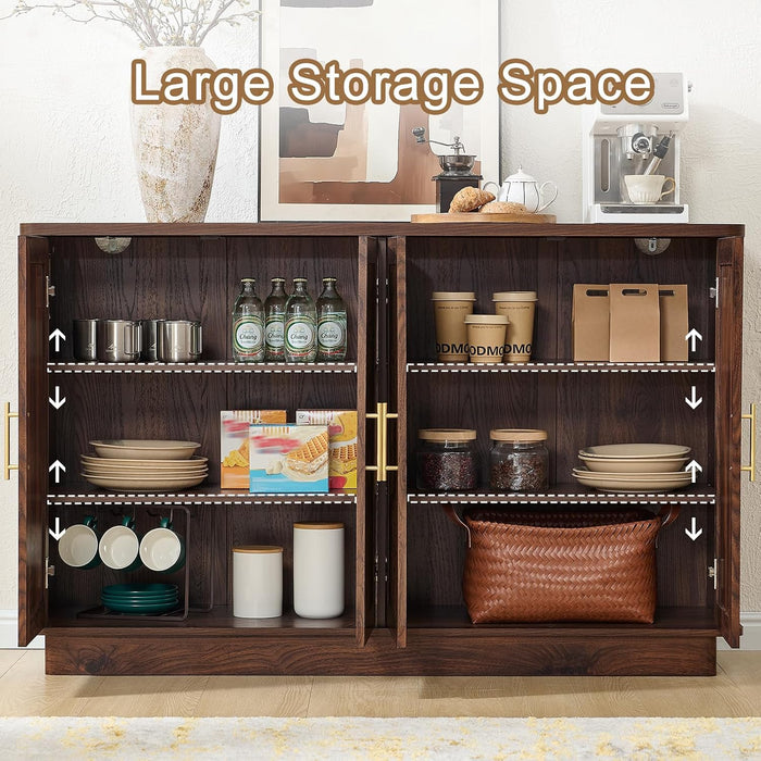 Modern Sideboard Buffet Cabinet with Storage, Walnut | Fluted Coffee Bar Cabinet with 4 Doors & Adjustable Shelves for Kitchen, Dining Room, Living Room & Hallway