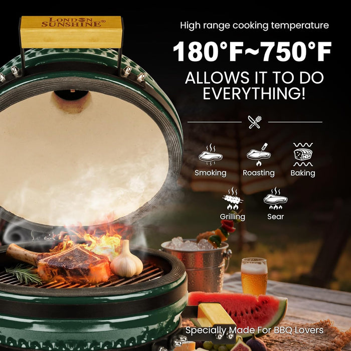 13-Inch Ceramic Kamado Grill, Waterproof Vent Cap, Green | Charcoal-Fired Tabletop Kamado with a Waterproof Vent Cap That Helps Shield the Top Vent from Rain during Outdoor Cooking.