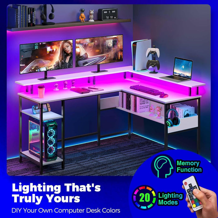Computer Desk L Shaped 56.7" with LED Lights and Power Outlets, Reversible L Shaped Gaming Desk with Monitor Stand, Home Office Desk with Storage, Desk with USB Port and Hook, White