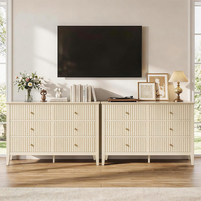 Beige 6 Drawer Dresser, Fluted Modern Wood Chest of Drawers, Long Dresser for Bedroom TV Stand Storage Cabinet for Living Room