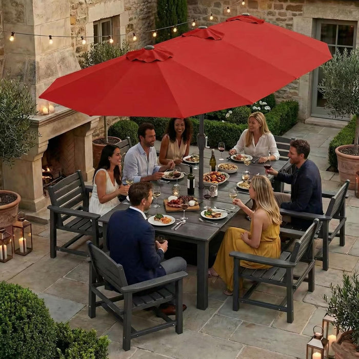 15Ft Large Patio Umbrella with Base Included, Double-Sided Rectangle Outdoor Table Umbrella with 12 Reinforced Ribs, Crank Lift for Market Pool Deck Backyard, Red