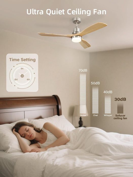 52 Inch Ceiling Fan with Lights and Remote Control-Modern Solid Wood Blade Ceiling Fan for Bedroom Living Room Indoor Outdoor Farmhouse Patio, Noiseless DC Motor, Sandy Nickel & Natural Wood
