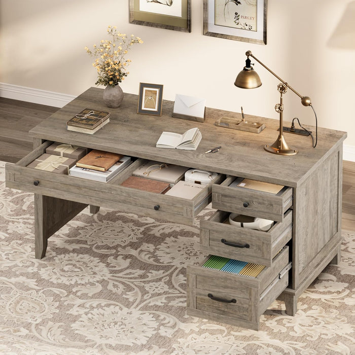 53.5" Farmhouse Computer Desk with Charging Station, Rustic Black Home Office Executive Desk, Wooden Workstation with File Cabinet Storage Drawers for Writing & Study, Rustic Gray
