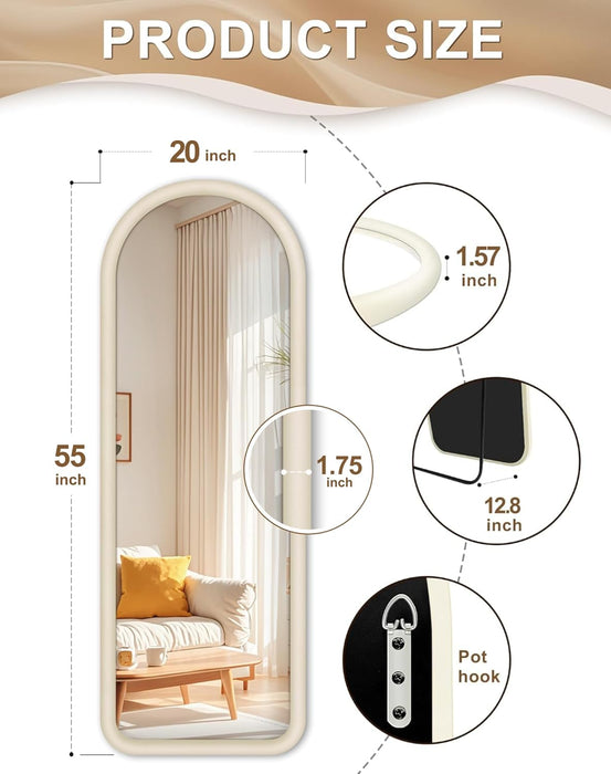 Arched Full Length Mirror, Free Standing Floor Velvet Finish Frame Mirror for Leaning or Hanging, Soft Touch Bedroom & Living Room Decor, Cream White