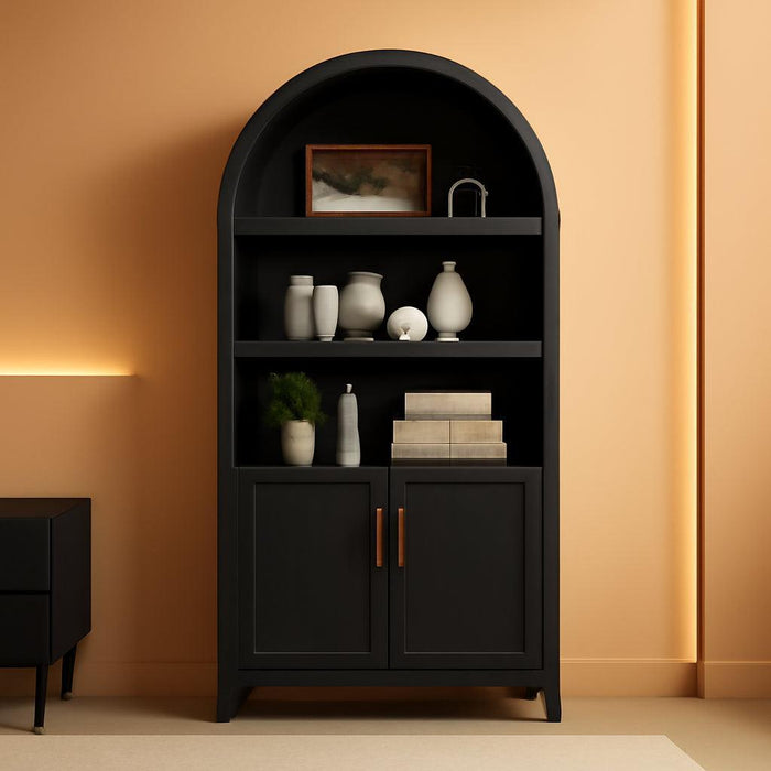 65.4Inch Arched Walnut Storage Bookcase With Doors