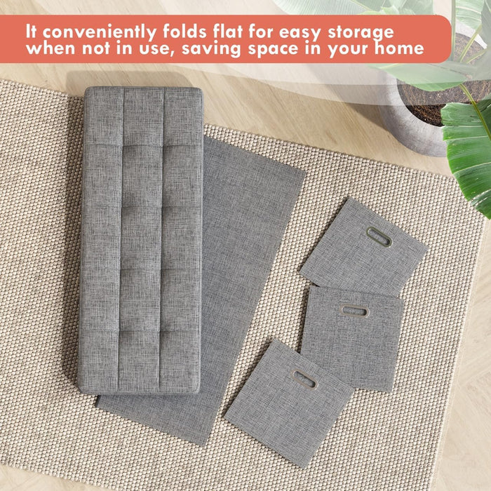 Storage Ottoman with 3 Drawers, 40 Inches Long Foldable Tufted Linen Large Bench Ottoman with Storage, Foot Rest Stool Seat, for Living Room, Bedroom, Entryway, Gray
