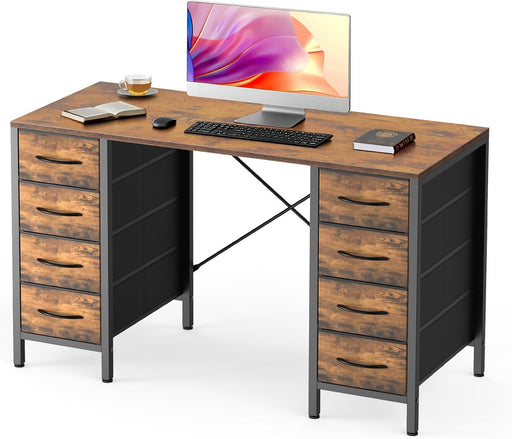 47 Inch Computer Desk with 8 Fabric Drawers, Office Gaming Desk with Storage, Writing Study Table with X-Shaped Reinforced Structure, Dark Brown