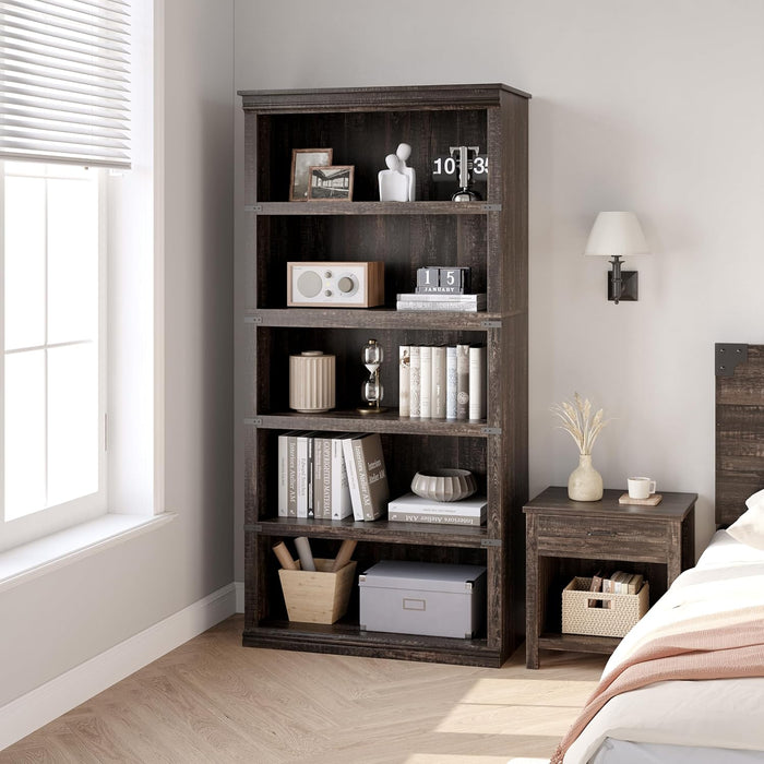 5 Tier Bookcase, Farmhouse Book Shelf with Storage, 71" Tall Book Case Wooden 5 Shelf Bookcase for Home Office, Living Room, Bed Room (Cherry, 67.4" H X 31.5" W X 12.8" D)