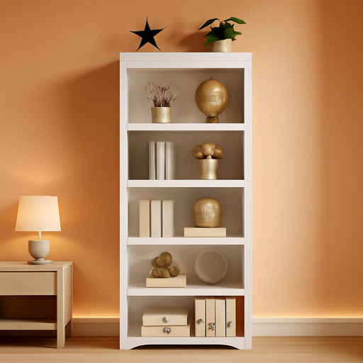 5-Tier Farmhouse Bookshelf, 69" Open Bookcase, Adjustable Shelf, White | Tall Storage Shelf Rack, 23.6"W Wooden Floor Standing Storage Organizer for Living Room, Home Office & Study, Anti-Tip