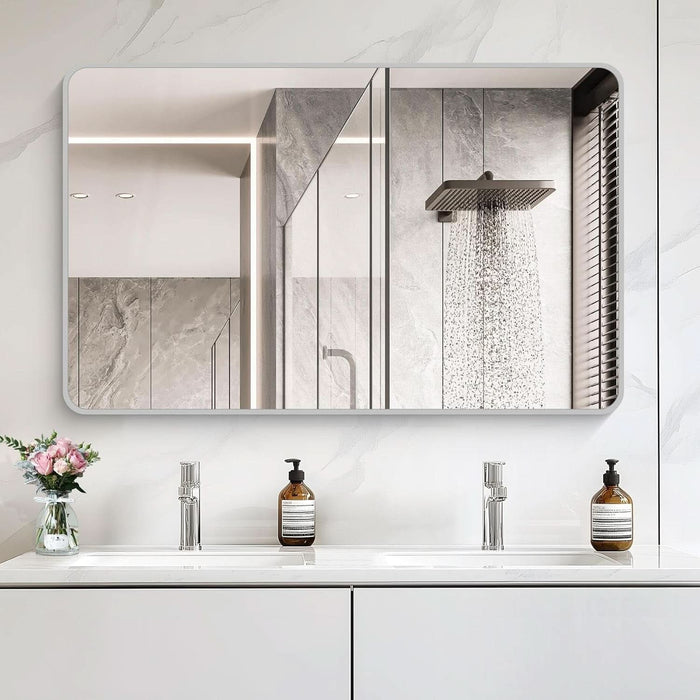 48X30 Inch Silver Bathroom Mirror, Metal Framed Silver Rectangle Mirrors, Rounded Rectangular Vanity Mirror, Wall Mounted Mirrors for Living Room Bedroom Entryway Hangs Horizontal or Vertical