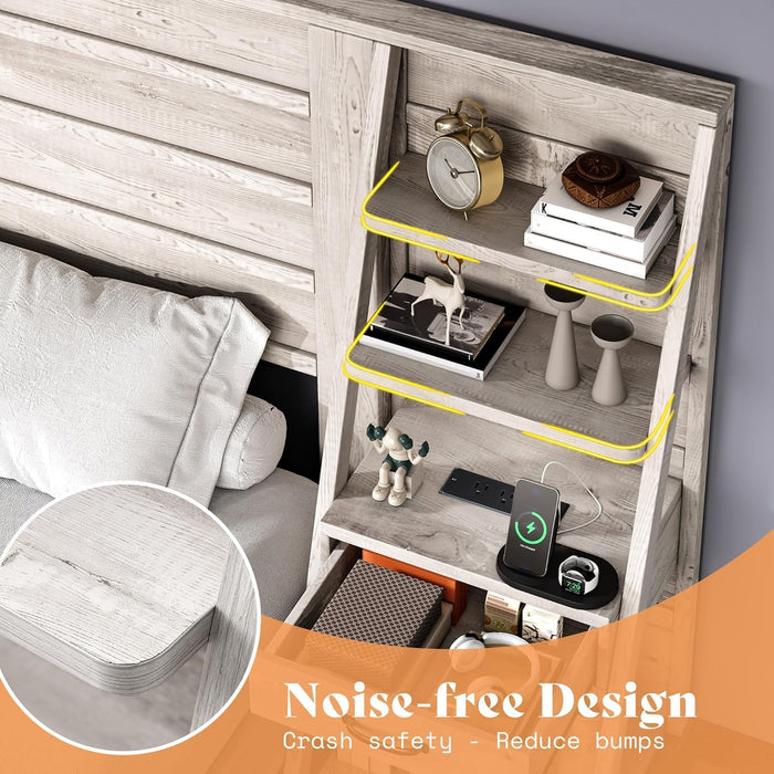 King Bed Frame with Bookcase Headboard & 4-Tier Bedside Shelf, Farmhouse Platform Bed with Charging Station and 2 Drawers, Noise-Free