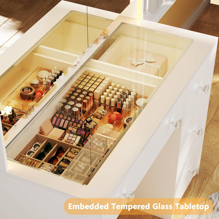 Vanity Desk with Mirror and Lights, 35.4'' Makeup Vanity with Glass Top & Power Outlet, White Vanity Table with 4 Large Drawers & 3 Hidden Storage Shelves, 3 LED Lighting Modes & Adjustable Brightness