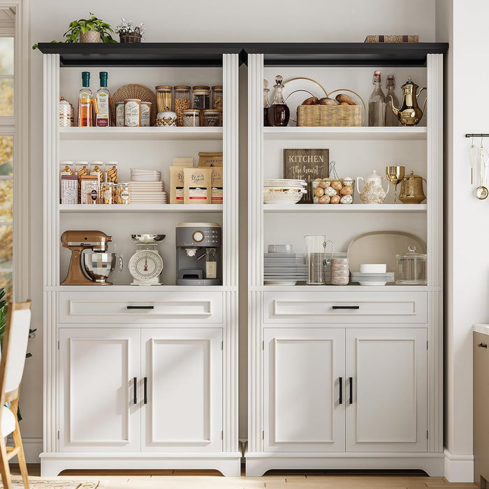 Farmhouse Bookshelves and Bookcases with Doors and Drawer, Bookshelf with Storage, Floor Standing 6 Shelf Display Storage Shelves 70 in Tall Bookshelf for Home Office, Living Room, White