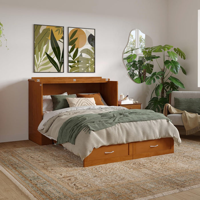 Hamilton Full Murphy Bed Chest with Mattress, Storage, and Built-In Charger in Light Toffee