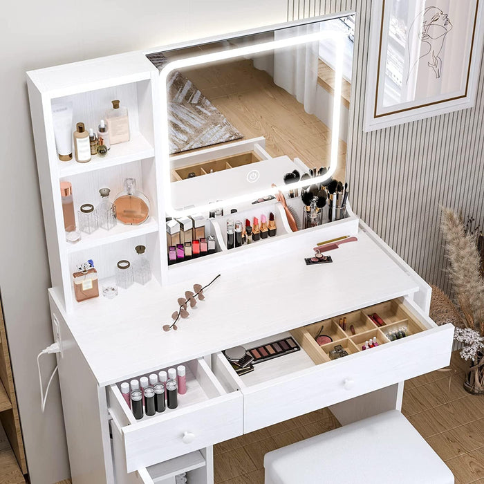 Vanity Desk with LED Lighted Mirror & Power Outlet, Makeup Table with Drawers & Cabinet,Storage Stool, White