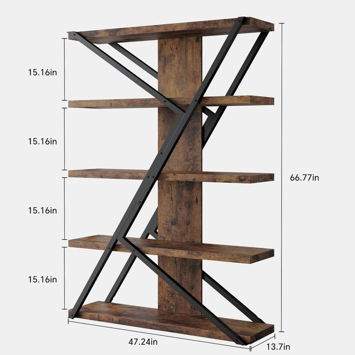 Industrial Bookshelf, Vintage 5-Tier Tall Bookcase with Wood and Metal Frame, Rustic Large Display Shelf for Home Office, 72" H X 47" L X 12" W, Rustic Brown