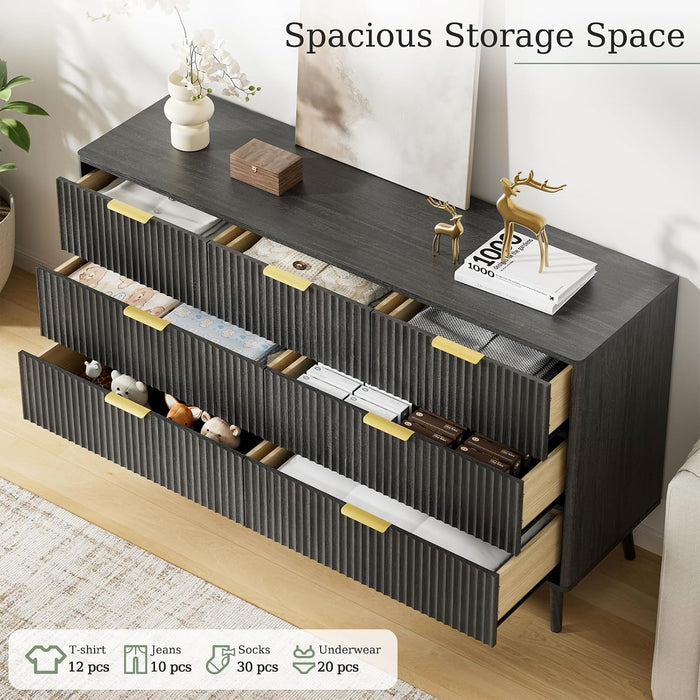 55" Wide Fluted Dresser for Bedroom with 7 Drawer, Modern Chest of Drawers with Curved Profile Design and Metal Handles, Wood Dresser TV Stand & Storage Organizer for Living Room, Black