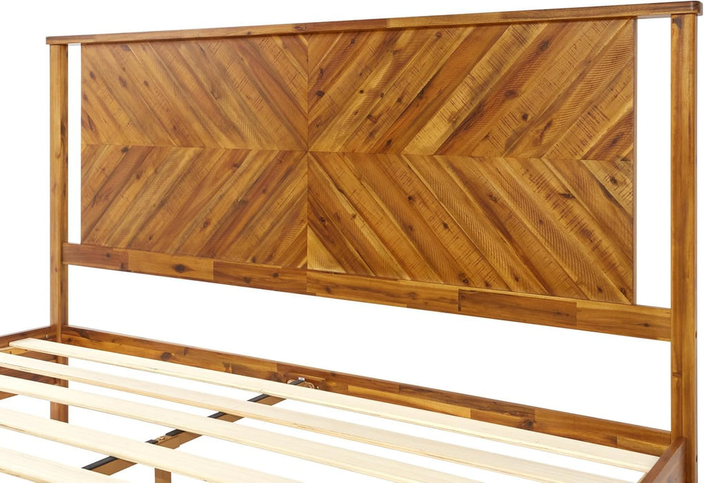 Vivian 14 Inch Deluxe Bed Frame with Headboard, Rustic & Scandinavian Style with Solid Acacia Wood, No Box Spring Needed, 12 Strong Wood Slat Support, Easy Assembly, King, Rustic Golden Brown