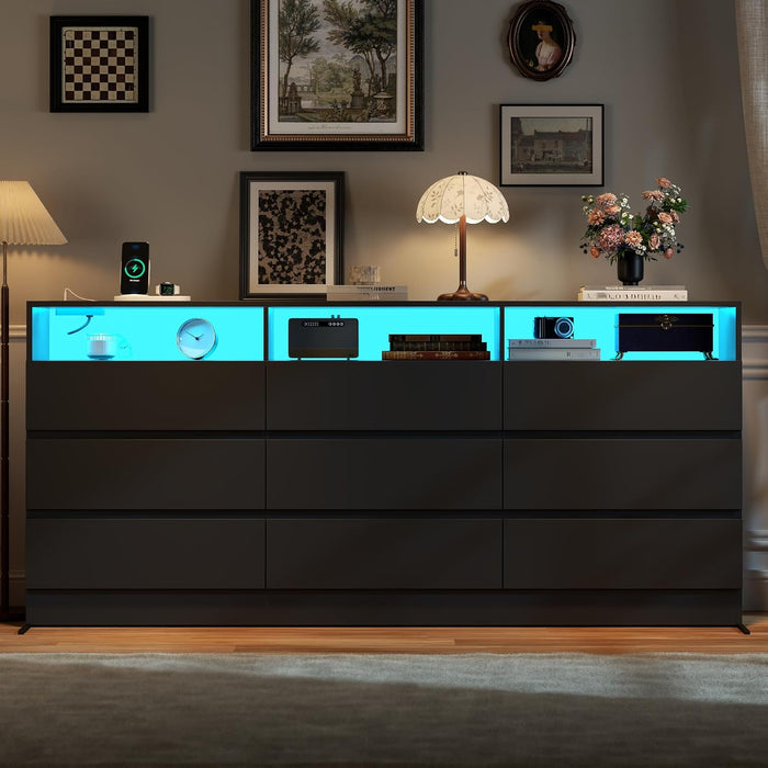 Drawer Dresser for Bedroom with Power Outlet, Black Dressers with LED Light,Dresser Chest of Drawers for Closet,Wood Dressers Organizer Cabinet (Black 9 Drawers)