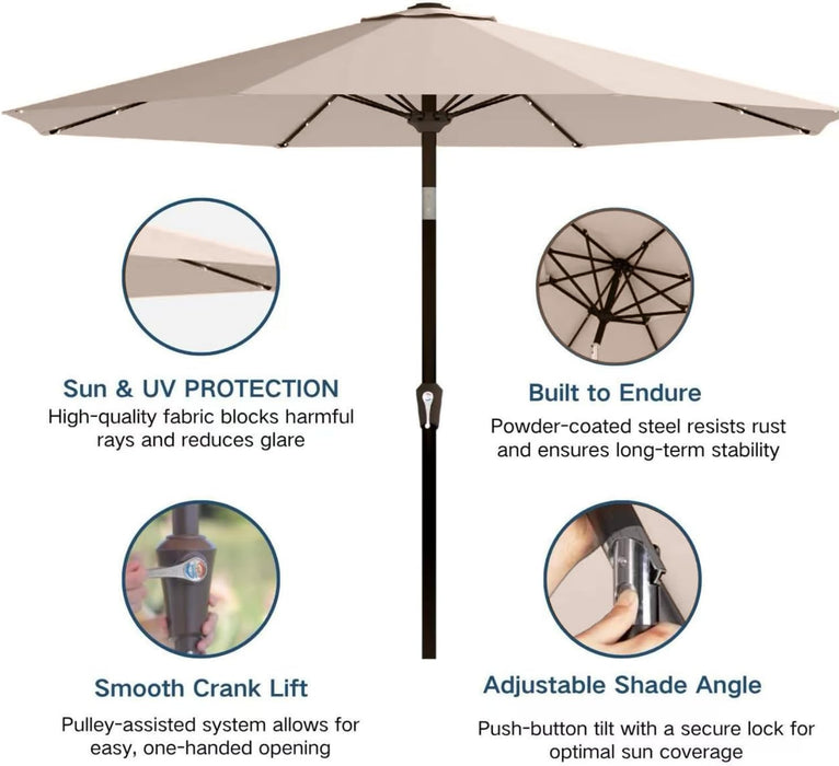9' Solar LED Patio Umbrella with Tilt & Crank|8 Sturdy Ribs,Uv Protection,Outdoor Market Table Umbrella for Deck,Lawn,Pool,Backyard(Beige)