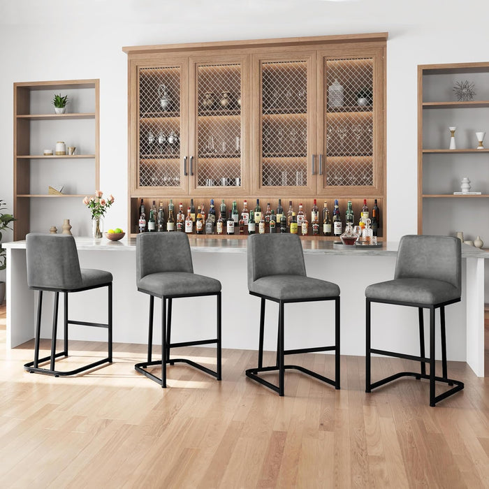 Counter Height Bar Stools 24'' Bar Stools Set of 2 Leather Bar Chairs Modern Upholstered Barstools with Back for Kitchen Counter Gray